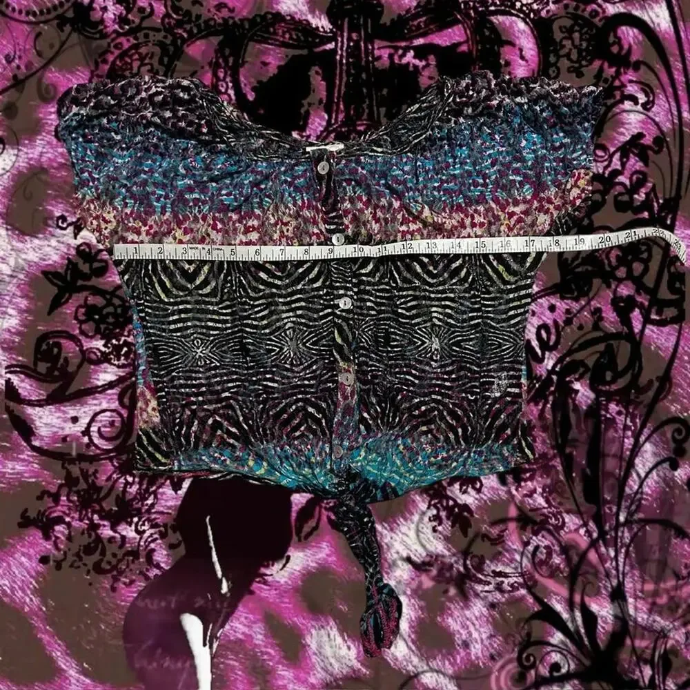 zebra swirl print washed abstract watercolor sheer y2k top - Picture 2 of 8